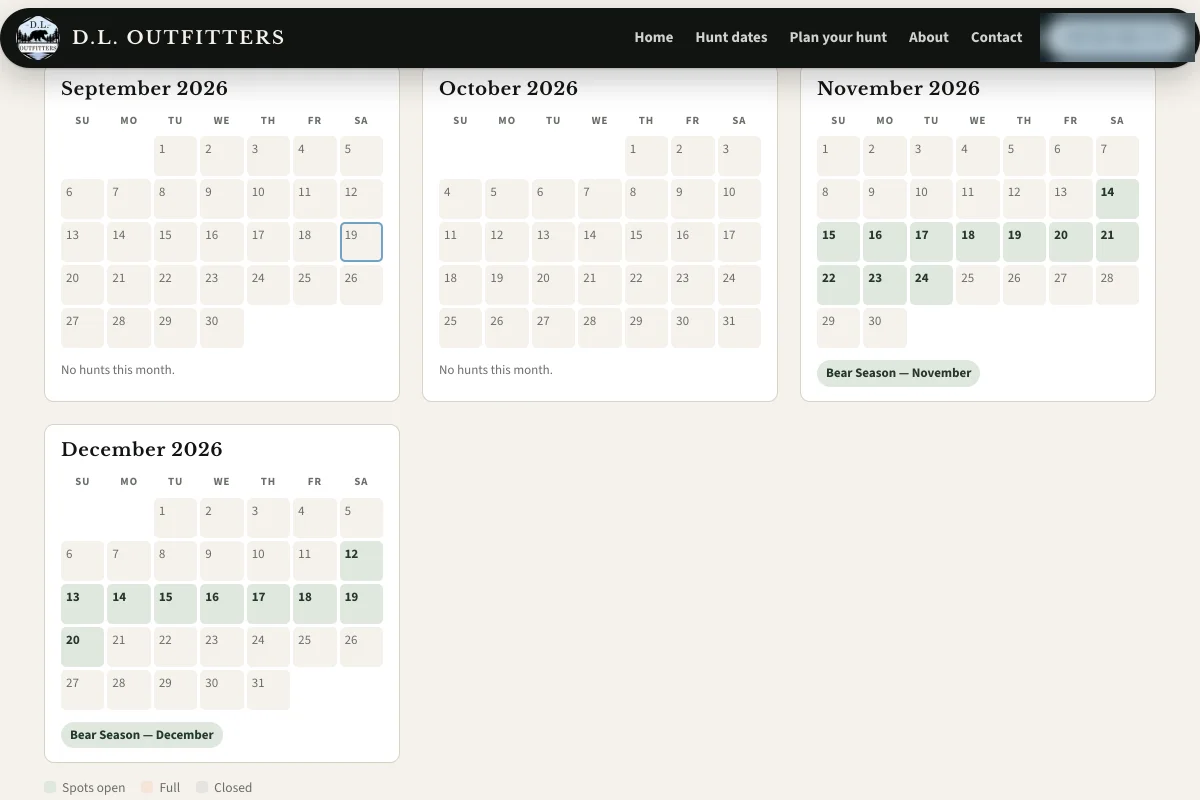 The D.L. Outfitters hunt-dates page: four month calendars with bookable days shaded green and a key for spots open, full and closed