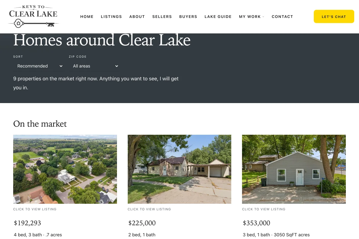 The Keys to Clear Lake listings page: a sort control and a zip-code filter over a count of what is on the market, above a row of property cards with photos and asking prices